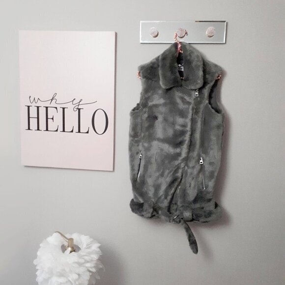 EUC Jakke green grey faux fur biker moto belted vest - Picture 8 of 9